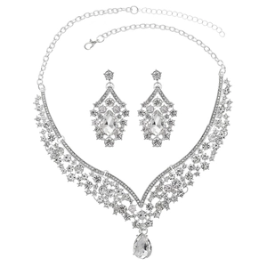 Luxus Silber Brautschmuck Set mit V-Halskette aus Strass und hängenden Ohrringen
