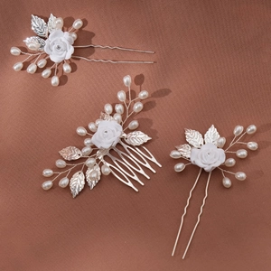 Elegantes 3-teiliges Brauthaarkamm-Set mit Keramikblumen und weißen Perlen für Frauen