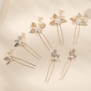 7pcs gold bridal hair pins set with handmade pearls and leaves for wedding hairstyles