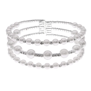Three-layer faux pearl bracelet with silver metal rhinestones for women on white background