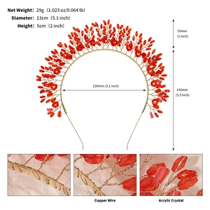 Detailed macro view showing handcrafted red acrylic crystals woven with golden copper wire