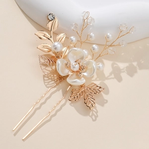 Spilla per capelli cinese vintage dorata con fiori, perle e cristalli su fermaglio a U