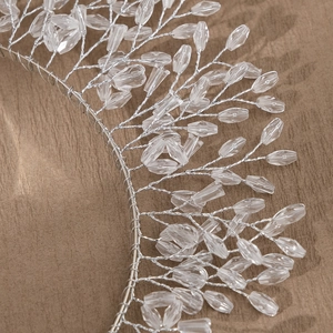 Luxurious handmade bridal headband with white crystal beads and silver branch wire