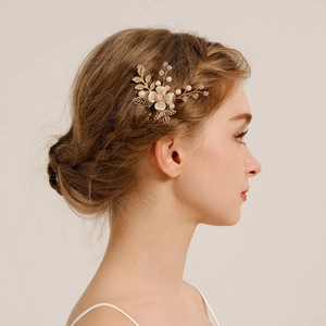 Bastoncino per Capelli Vintage a Forma di Fiore Fatto a Mano Foglia Oro Perla Artificial di Imitazione Strass a U per Sposa Matrimonio Gioielli Donna