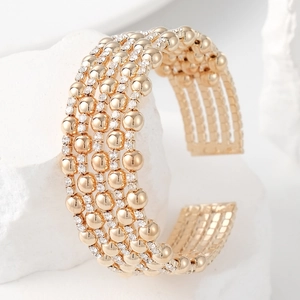 Luxurious multi-layer gold bead open cuff bracelet with sparkling pavé white rhinestones