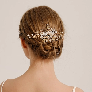 Handmade Bridal Hair Comb With Gold Alloy Leaf White Flower Artificial Pearl Crystal Vintage Wedding Hair Accessories For Women Jewelry