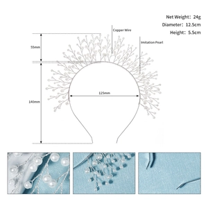 Dimensions détaillées du serre-tête de mariée avec perles et branches en cuivre