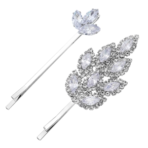 Set de barrettes à cheveux argentées avec feuilles en zircon et motifs cristal