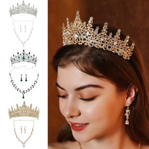 Parure de Bijoux de Mariage Couronne Collier Boucles d'Oreilles en Alliage de Strass de Luxe pour Femmes Banquet Fête