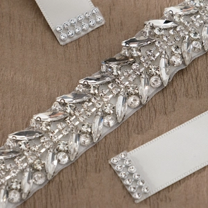 Exquisite bridal waist belt featuring hand-sewn marquise rhinestones on white satin ribbon