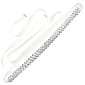 Sparkling bridal sash belt with leaf pattern rhinestones on elegant white satin ribbon