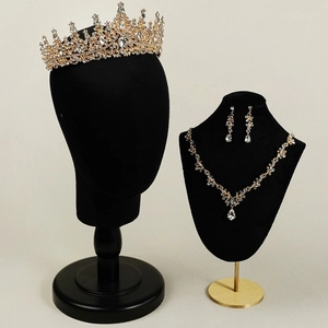 Parure de bijoux de mariée dorée avec diadème en cristal, collier et boucles d'oreilles