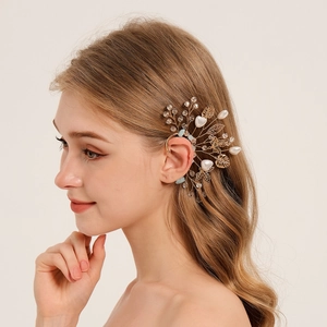 Manchette d'oreille elfe dorée avec feuilles, cristaux et perles pour fêtes et festivals