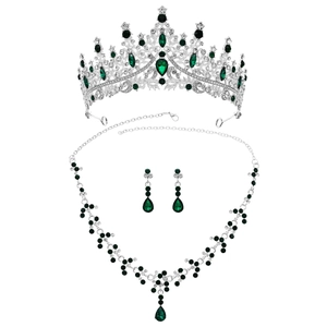 Parure de bijoux de mariée luxe argent avec couronne en cristal vert, collier et boucles