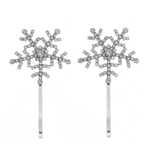 Pair of luxury vintage silver snowflake hair clips with sparkling crystal rhinestones
