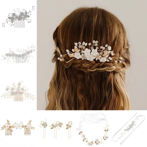 Detailed views of handcrafted white floral bridal hair combs with pearls and crystals