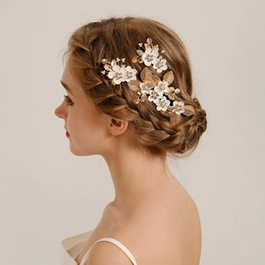 Peigne Latéral Et Épingles À Cheveux Mariée Faits À La Main Fleurs Feuilles Or Alliage Strass Künstliche Perles Mariage Femme