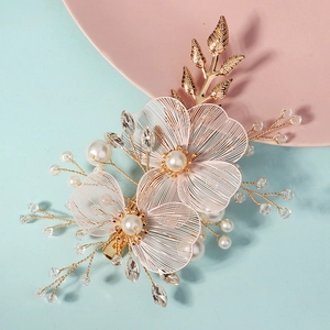Handmade bridal hair clip with gold metal flowers, white pearls and sparkling crystals