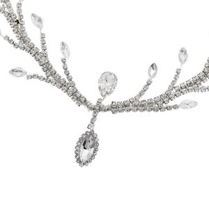 Detail of silver bridal hair chain with sparkling crystals and pear-cut rhinestones