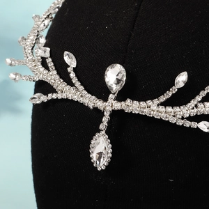 Detail of silver branch bridal hairband with marquise and teardrop crystals