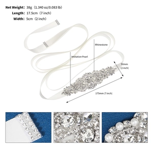 Detail of luxury bridal sash with rhinestones and pearls showing 17.5cm length dimensions
