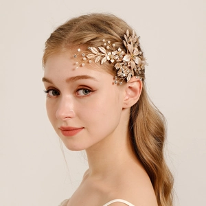 Gold Flower Bridal Hair Clip With Artificial Pearls Rhinestones Alloy Wedding Banquet Hair Accessories For Women Vintage Luxury Style