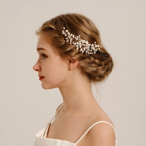 Peigne à Cheveux Mariage Fait à la Main Branche Or Avec Künstliche Perles Blanches Strass Feuilles en Résine Mariage Fête Bijoux