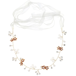 Exquisites Braut-Stirnband mit goldenen Metallblumen, Straß und weißen Organzastreifen