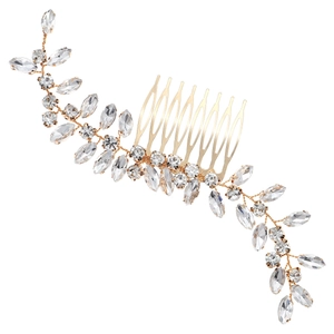 Golden bridal hair comb with rhinestones and leaves design for wedding hairstyles