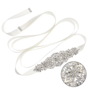 Luxury bridal sash with white satin ribbon featuring sparkling rhinestones and pearls