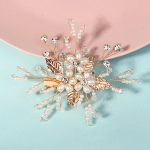 Élégante barrette à cheveux en perles faite main avec feuilles dorées et strass brillants