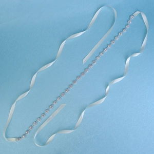 Elegant bridal waist chain with sunflower rhinestone patterns and white satin ribbons