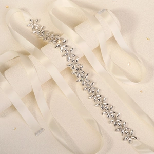 Elegant bridal sash with marquise crystal floral patterns on ivory satin ribbon