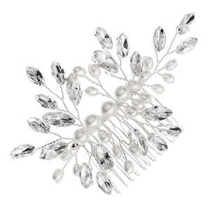 Silver bridal hair comb with handmade flowers, pearls and crystals for wedding parties