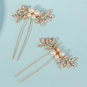 Elegant bridal U-shape hair pins with gold leaves, pearls and rhinestones set of 2