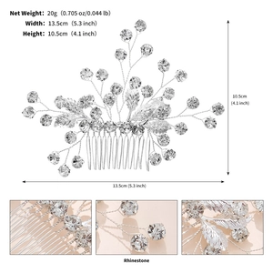 Detailed size view of silver bridal hair comb with rhinestones and metal leaves