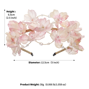 Detailed size chart showing pink fabric flower crown with dimensions 12.5cm by 6.5cm