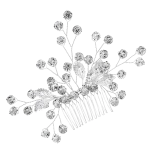 Elegant silver bridal hair comb with crystal rhinestones and delicate leaf accents