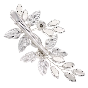 Detail of silver alloy leaf hair clip showing secure duckbill clasp and plating quality