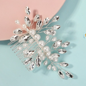 Silver bridal hair comb featuring handcrafted wire branches with pearls and rhinestones