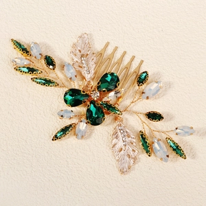 Peigne à cheveux de mariée vintage doré avec strass vert émeraude et feuilles de cristal
