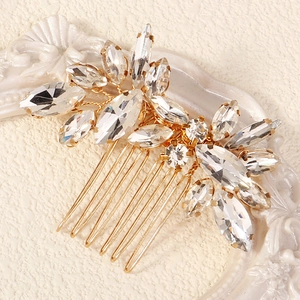 Elegant gold bridal hair comb with leaf-shaped rhinestones for wedding and banquet hairstyle