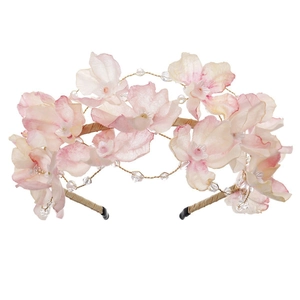 Handmade bridal floral headband with gradient pink fabric flowers and gold wire details