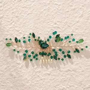 Peigne à cheveux doré à la main avec cristaux verts et strass pour coiffure de mariée