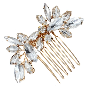 Elegant gold bridal hair comb with marquise crystals in leaf pattern on white background