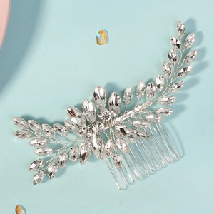 Peigne à cheveux de mariée argenté avec strass marquise en forme de feuilles élégantes