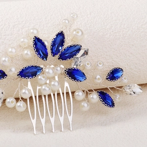 Exquisite bridal hair comb with blue marquise rhinestones and elegant white pearls