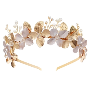Golden bridal headband with metallic flowers, white pearls and sparkling crystals