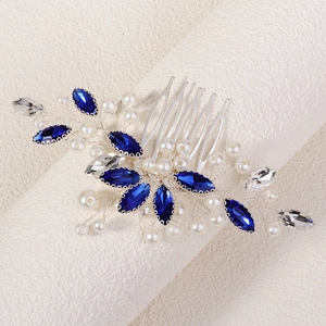 Silver bridal hair comb with blue marquise rhinestones and elegant white pearls