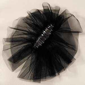 Detailed close-up of layered black mesh wedding veil hair claw clip for bridal hair accessories